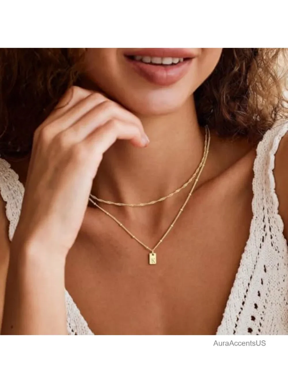 Layered Initial Necklace 14K Gold Plated Pendant Women
